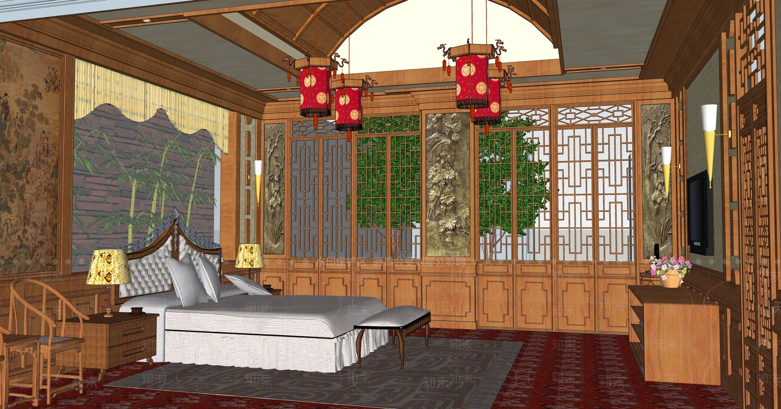 中式酒店客房SU模型下载【ID:1197069231】