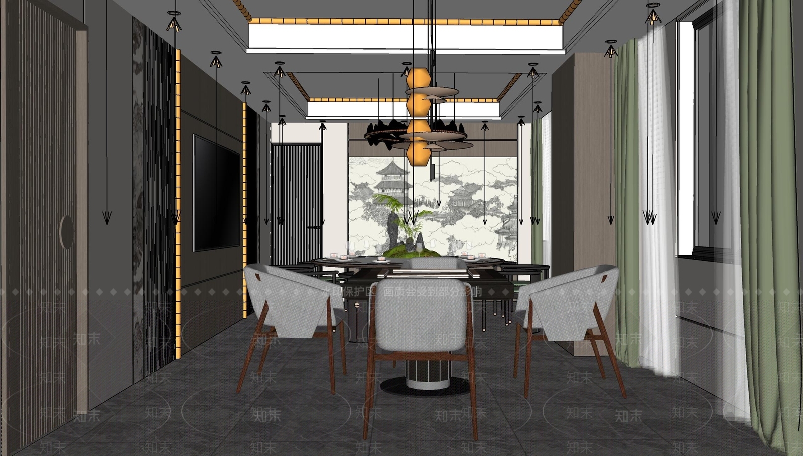 新中式轻奢中餐厅SU模型下载【ID:1197096799】