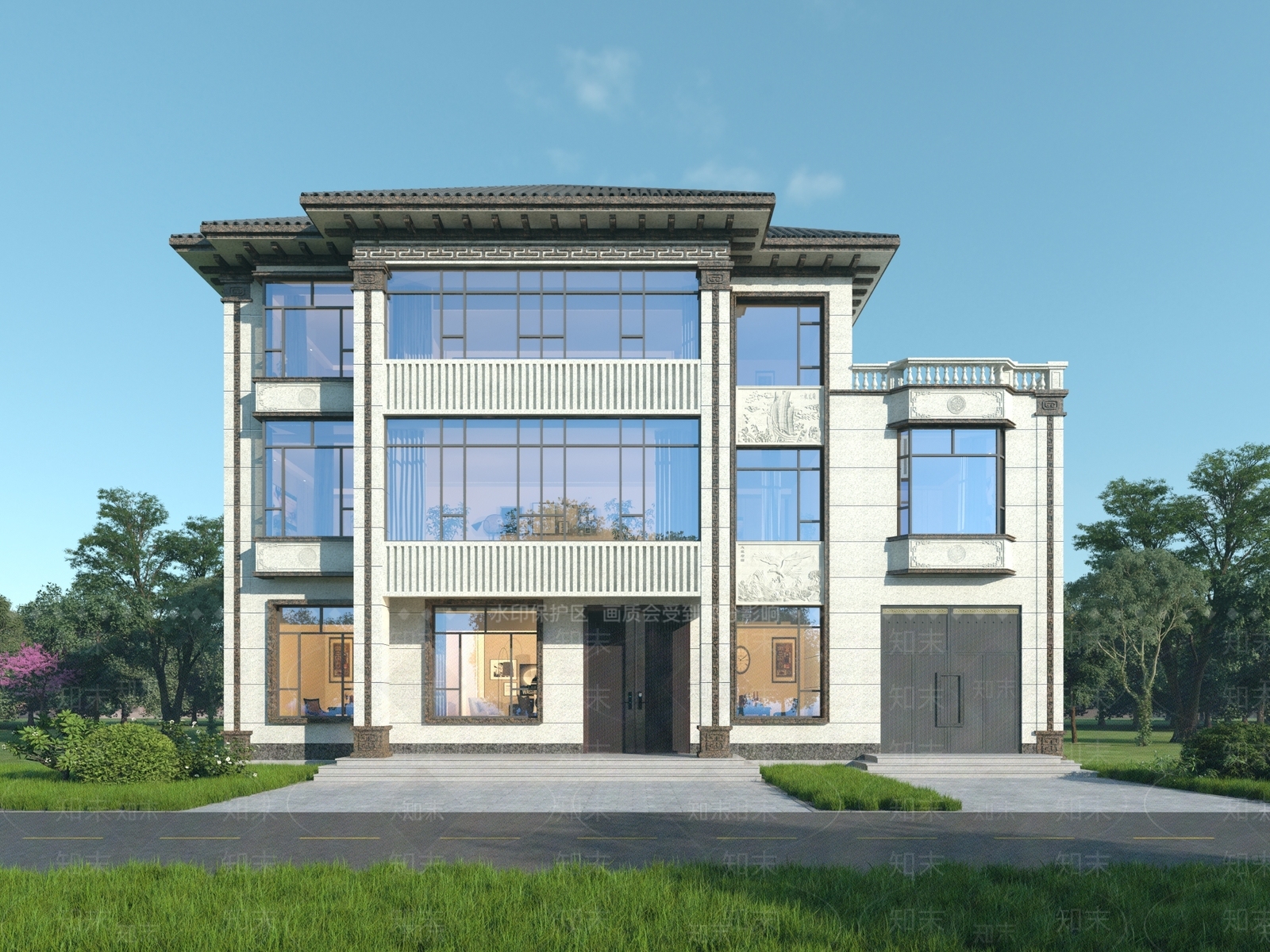 新中式别墅外观3D模型下载【ID:1197123477】