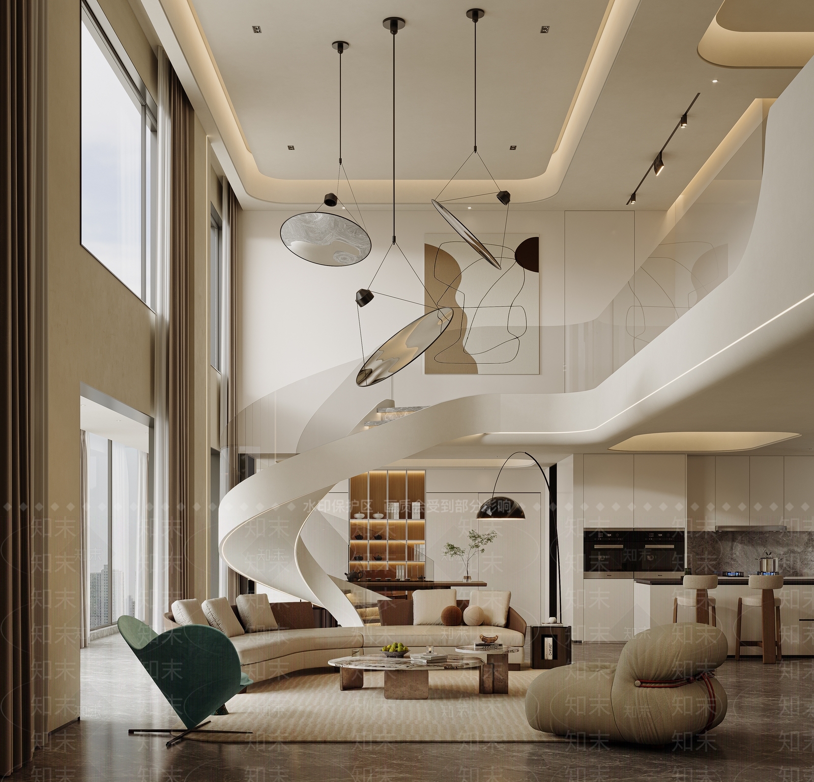 现代奶油别墅客厅3D模型下载【ID:1197135740】