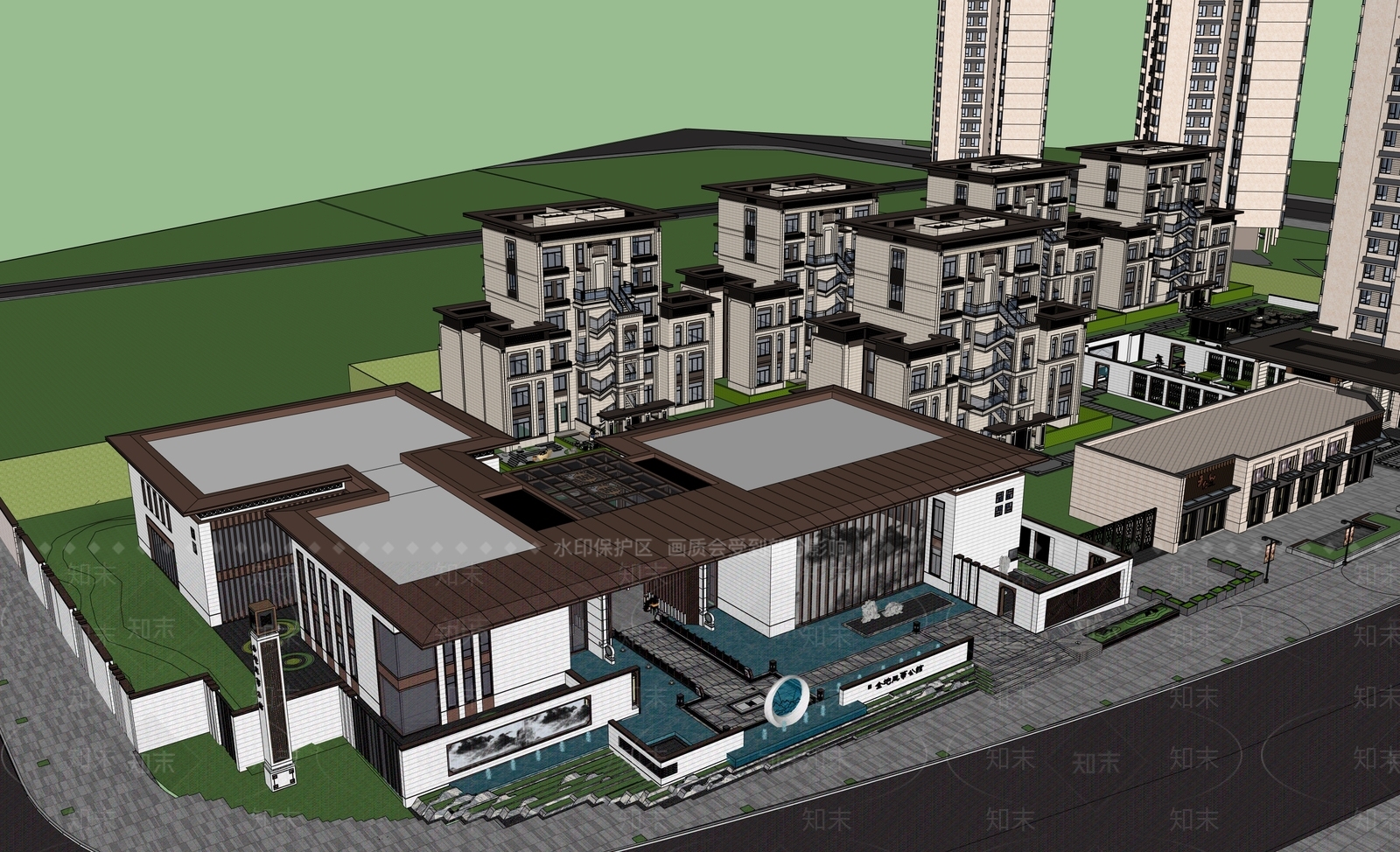 现代新中式小区建筑SU模型下载【ID:1197163886】
