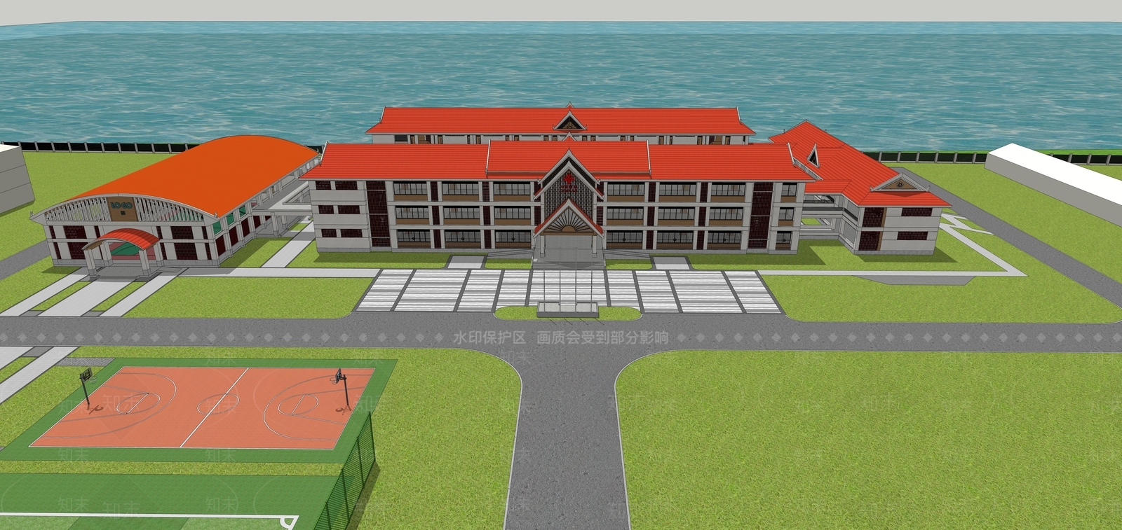 中古新中式学校建筑SU模型下载【ID:1197324651】