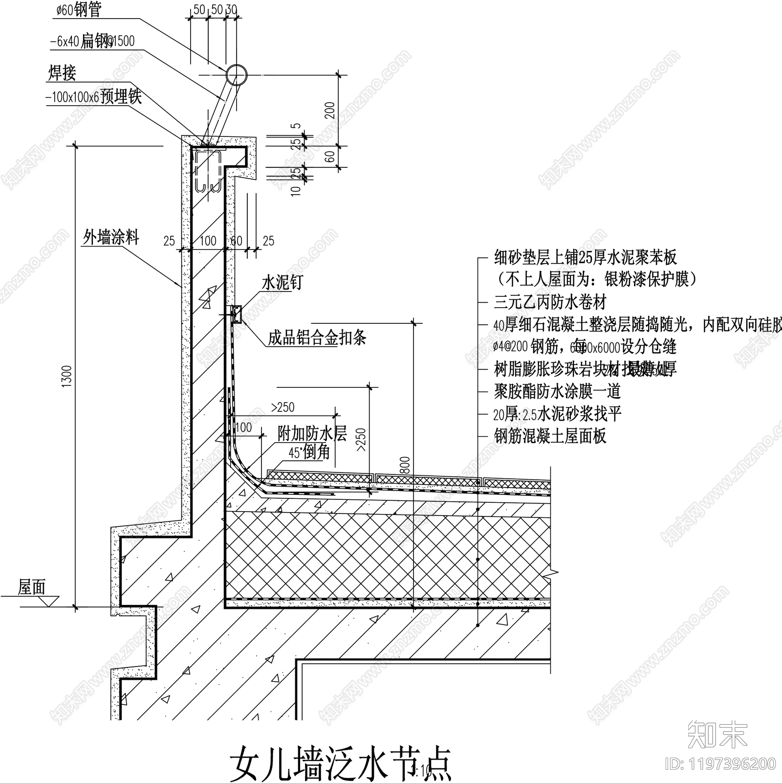 女儿墙节点cad施工图下载【ID:1197396200】