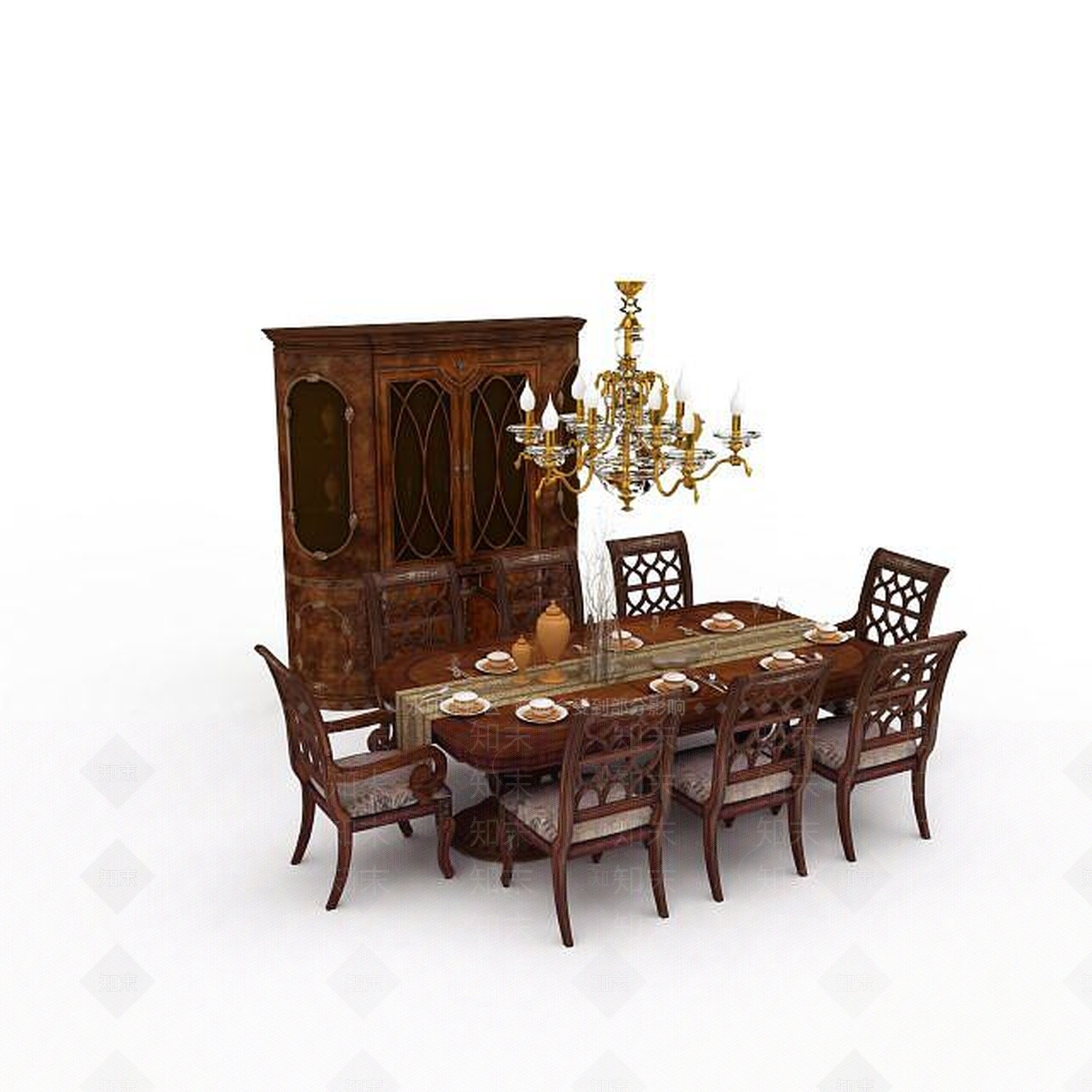 中式实木餐桌椅组合3D模型下载【ID:1197490056】