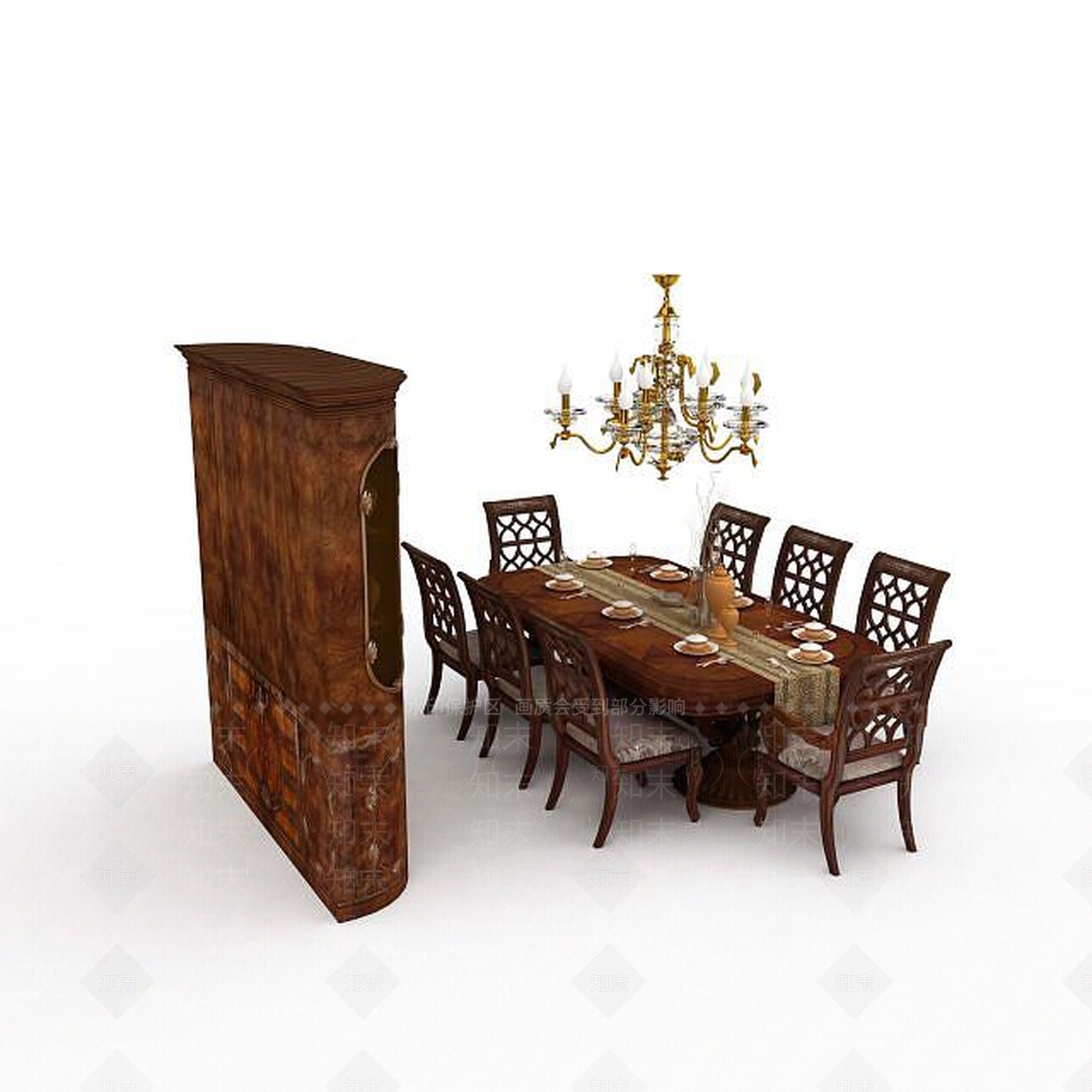中式实木餐桌椅组合3D模型下载【ID:1197490056】