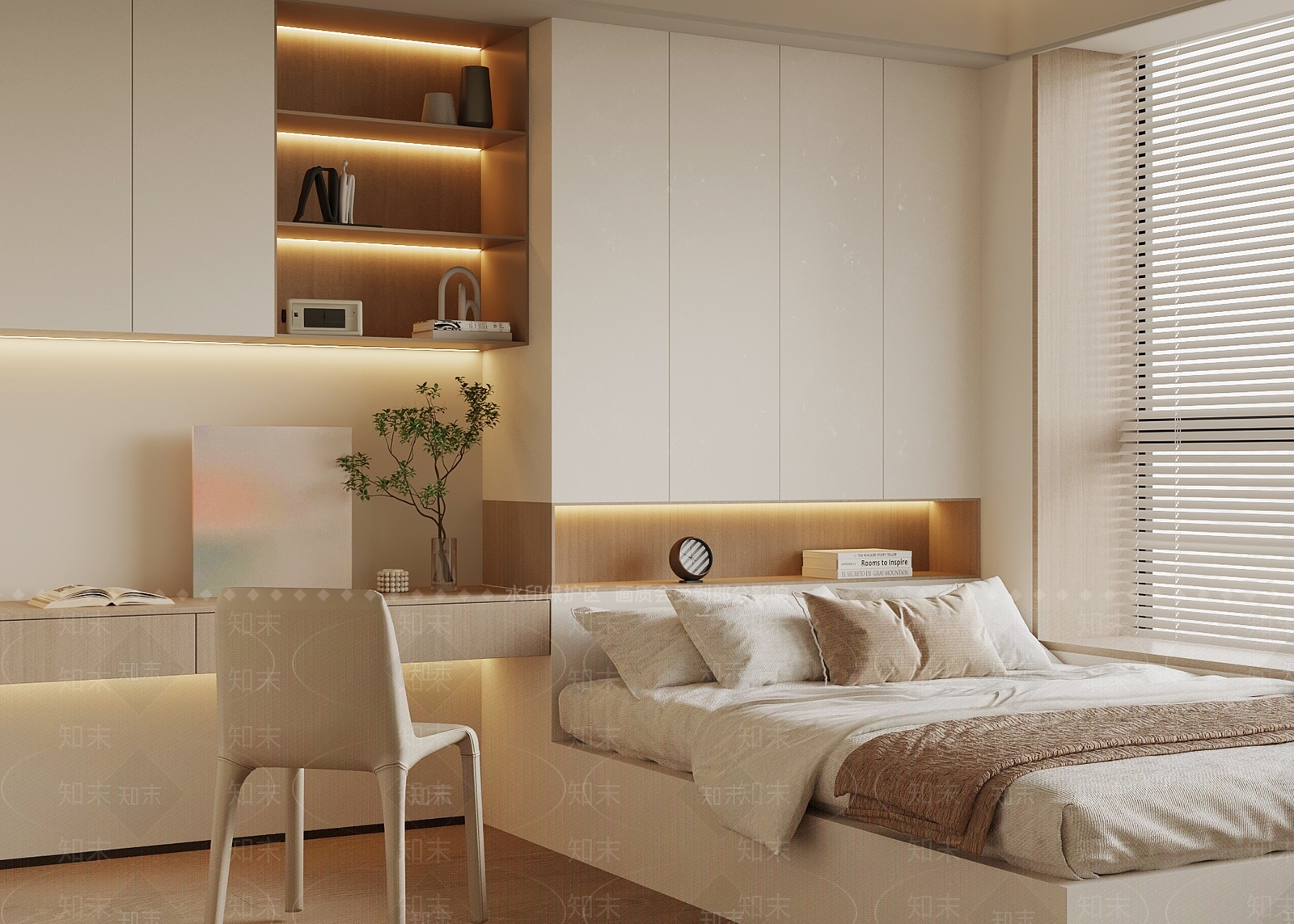 现代奶油榻榻米卧室3D模型下载【ID:1197516181】