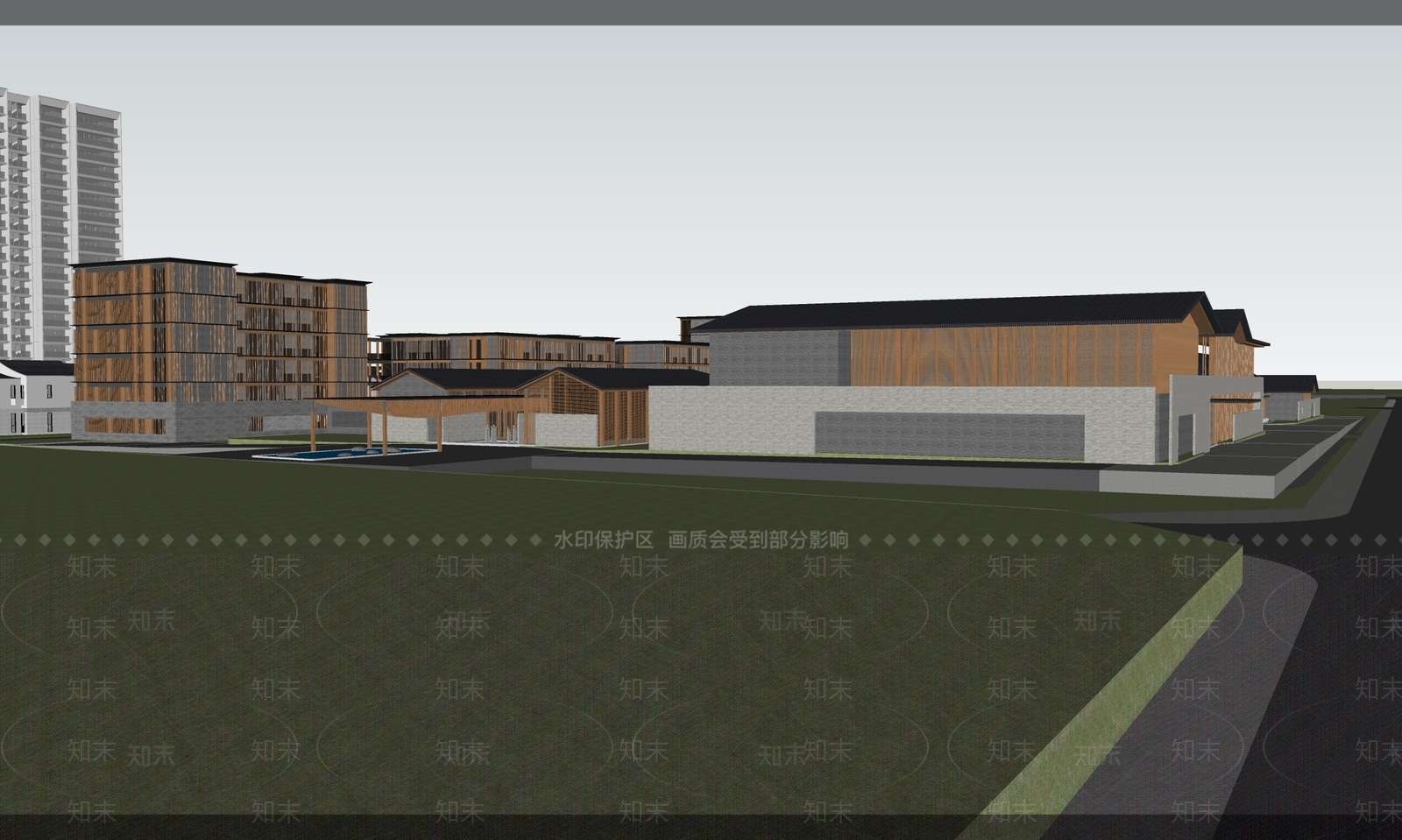 新中式中式酒店建筑SU模型下载【ID:1197566307】