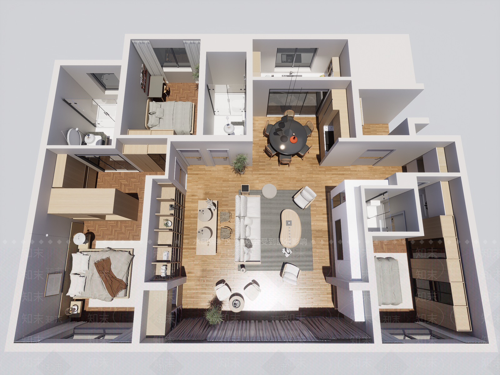 现代奶油家装鸟瞰SU模型下载【ID:1197582210】