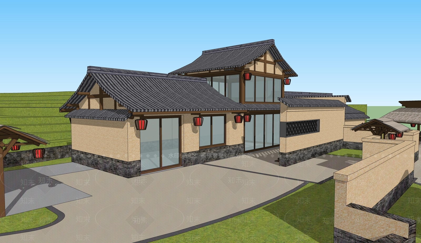 新中式酒店建筑SU模型下载【ID:1197660587】