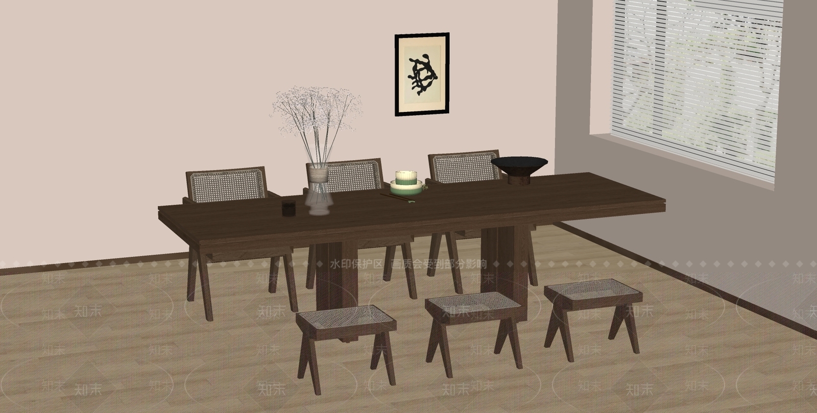 侘寂中古餐桌椅SU模型下载【ID:1197679565】