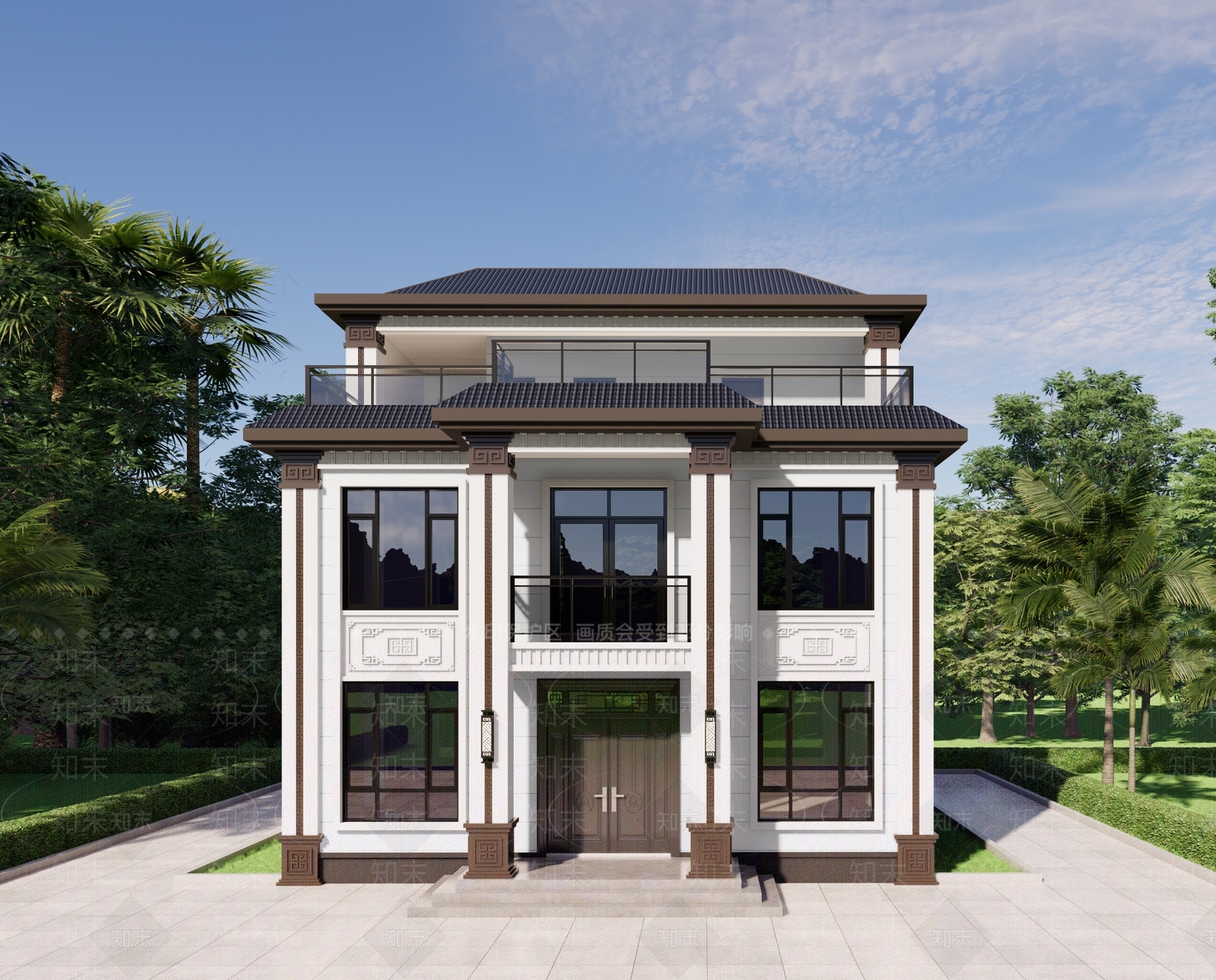 现代新中式独栋别墅SU模型下载【ID:1197680588】