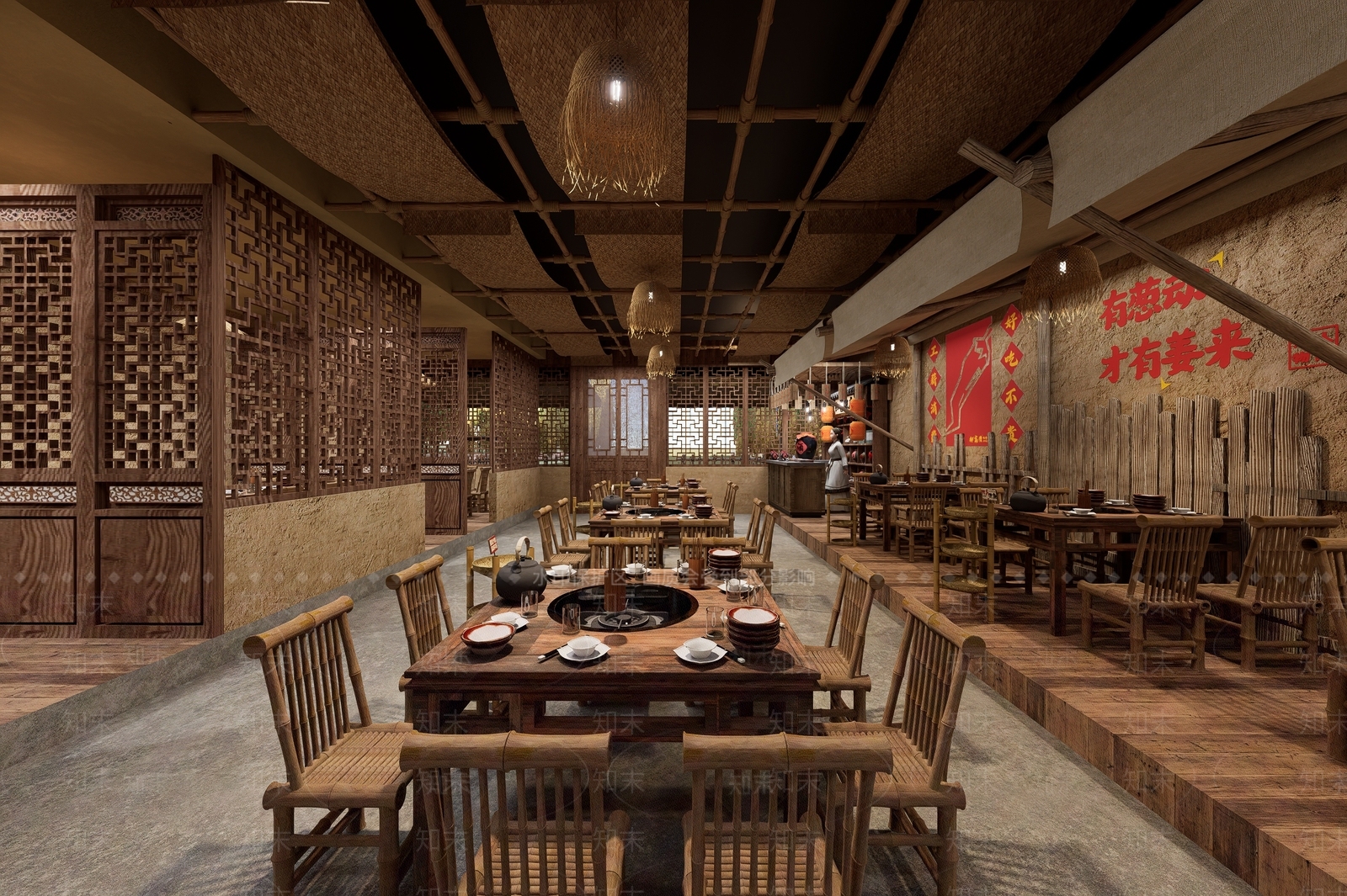 中式复古火锅店SU模型下载【ID:1198049492】