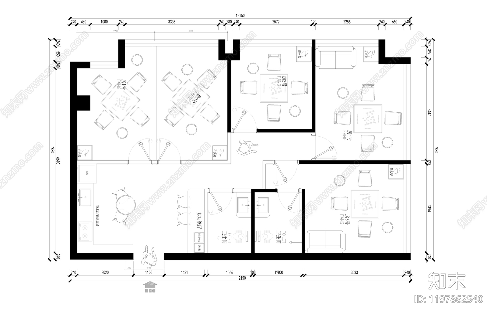现代轻奢棋牌室cad施工图下载【ID:1197862540】