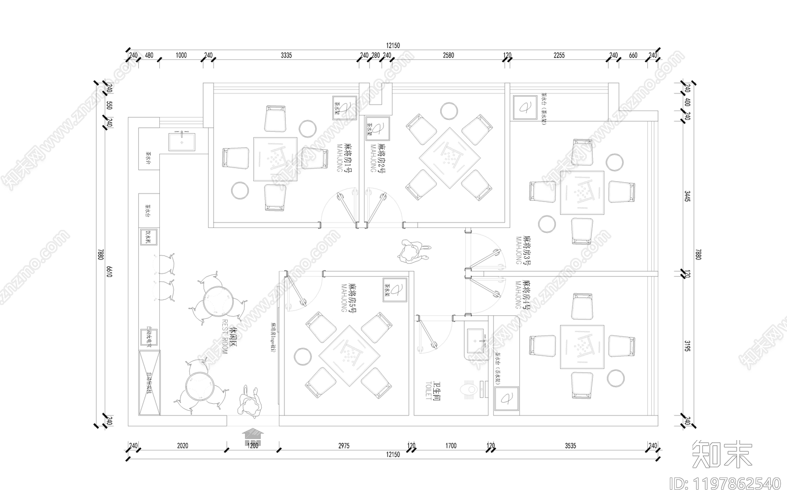 现代轻奢棋牌室cad施工图下载【ID:1197862540】