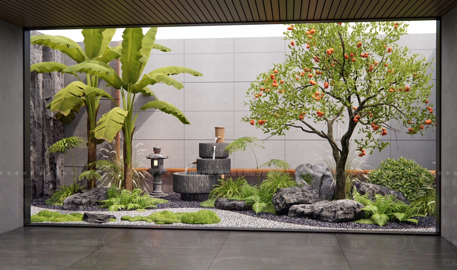 现代室内景观3D模型渲染效果图
