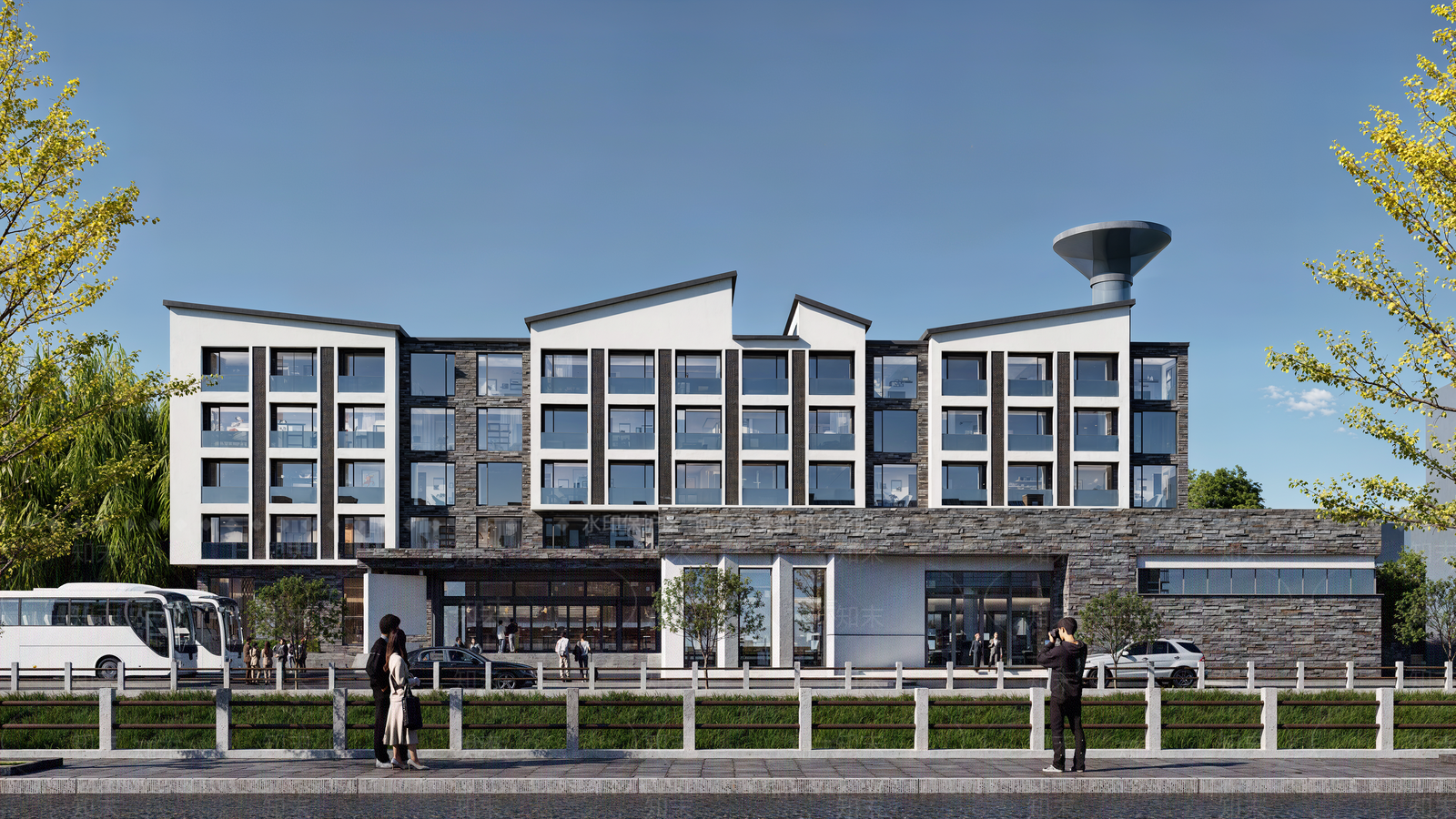 现代新中式酒店建筑SU模型下载【ID:1197990847】