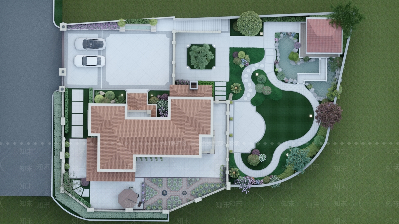 现代欧式别墅庭院SU模型下载【ID:1198003133】