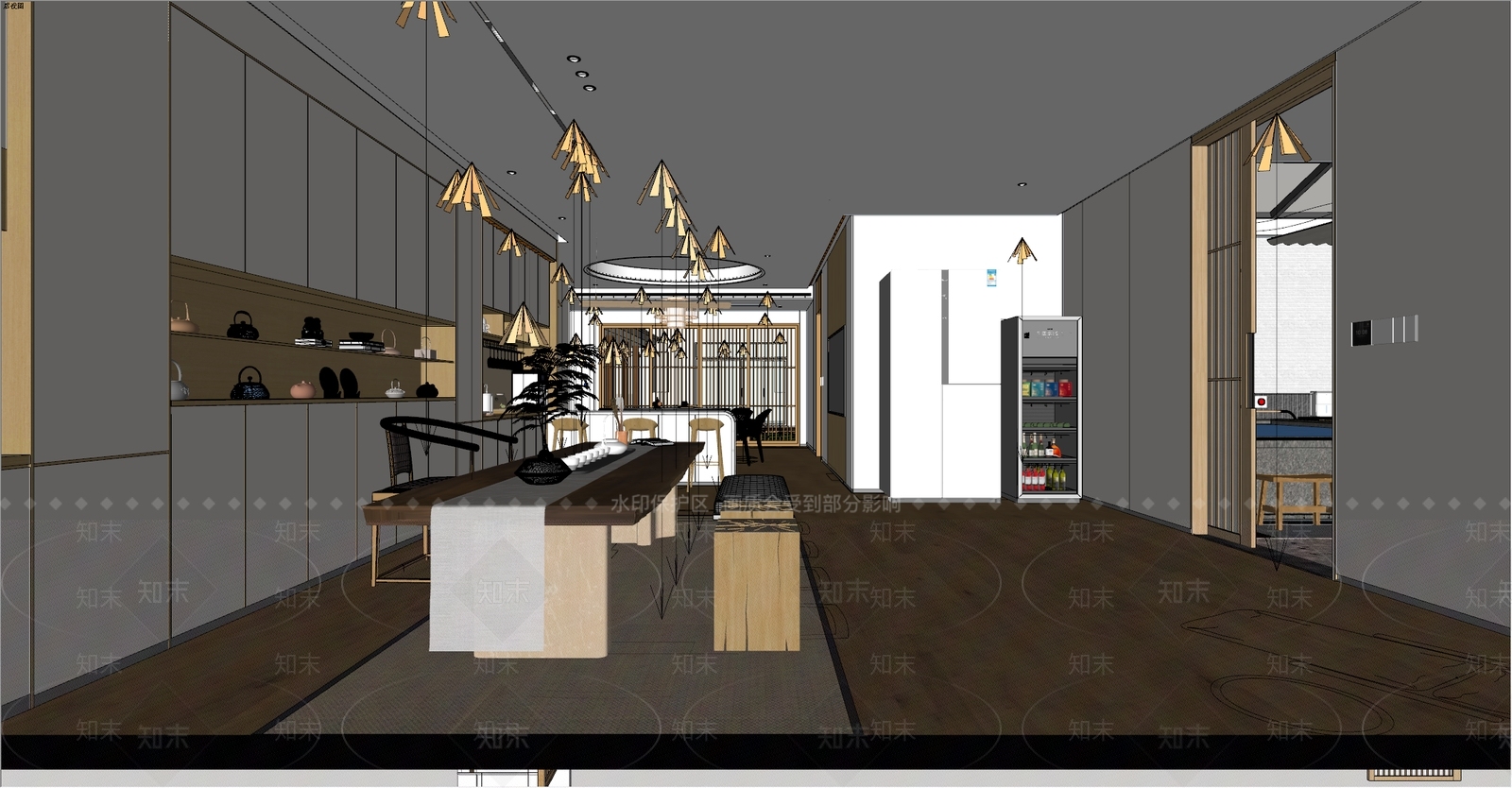 日式新中式客餐厅SU模型下载【ID:1199669813】