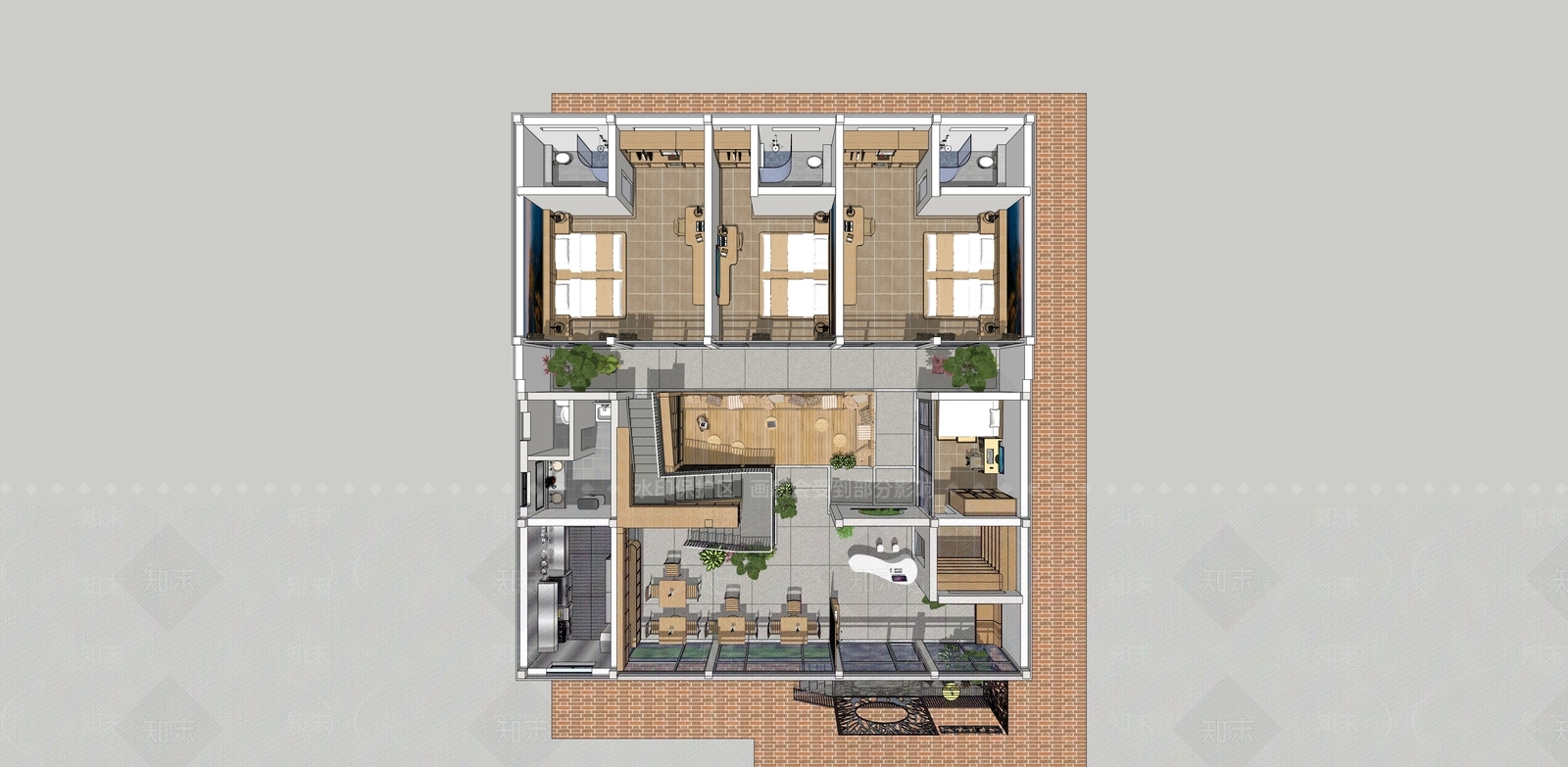 新中式现代民宿建筑SU模型下载【ID:1198020472】