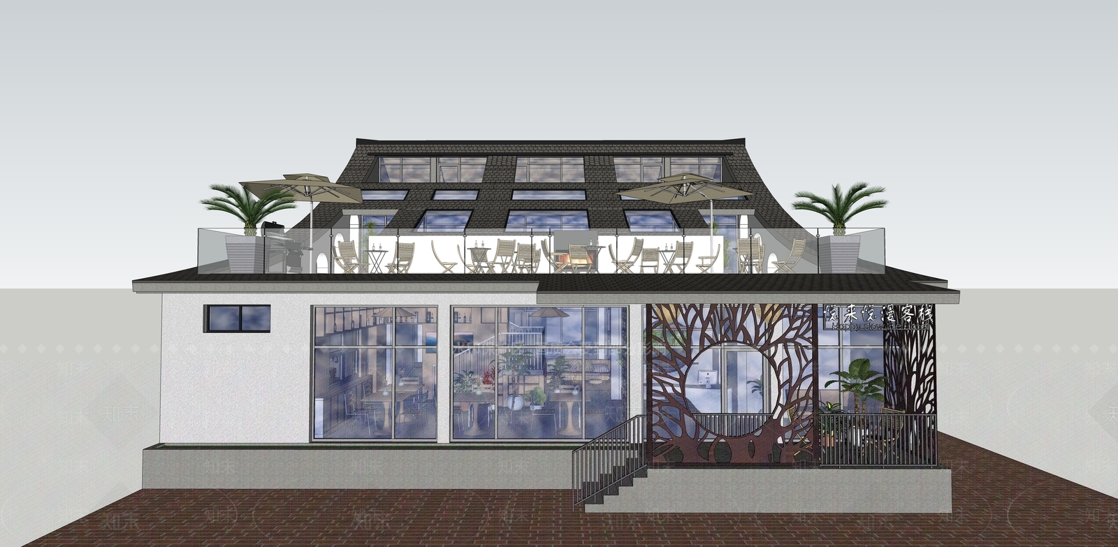 新中式现代民宿建筑SU模型下载【ID:1198020472】