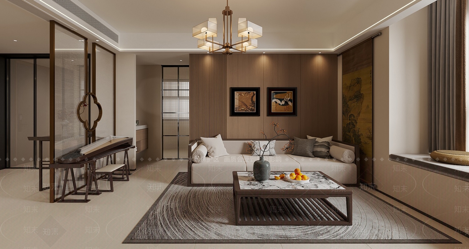 新中式原木客餐厅3D模型下载【ID:1198055655】