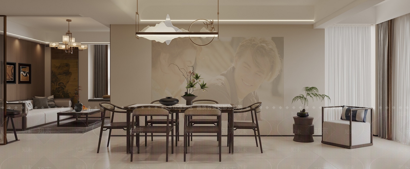 新中式原木客餐厅3D模型下载【ID:1198055655】