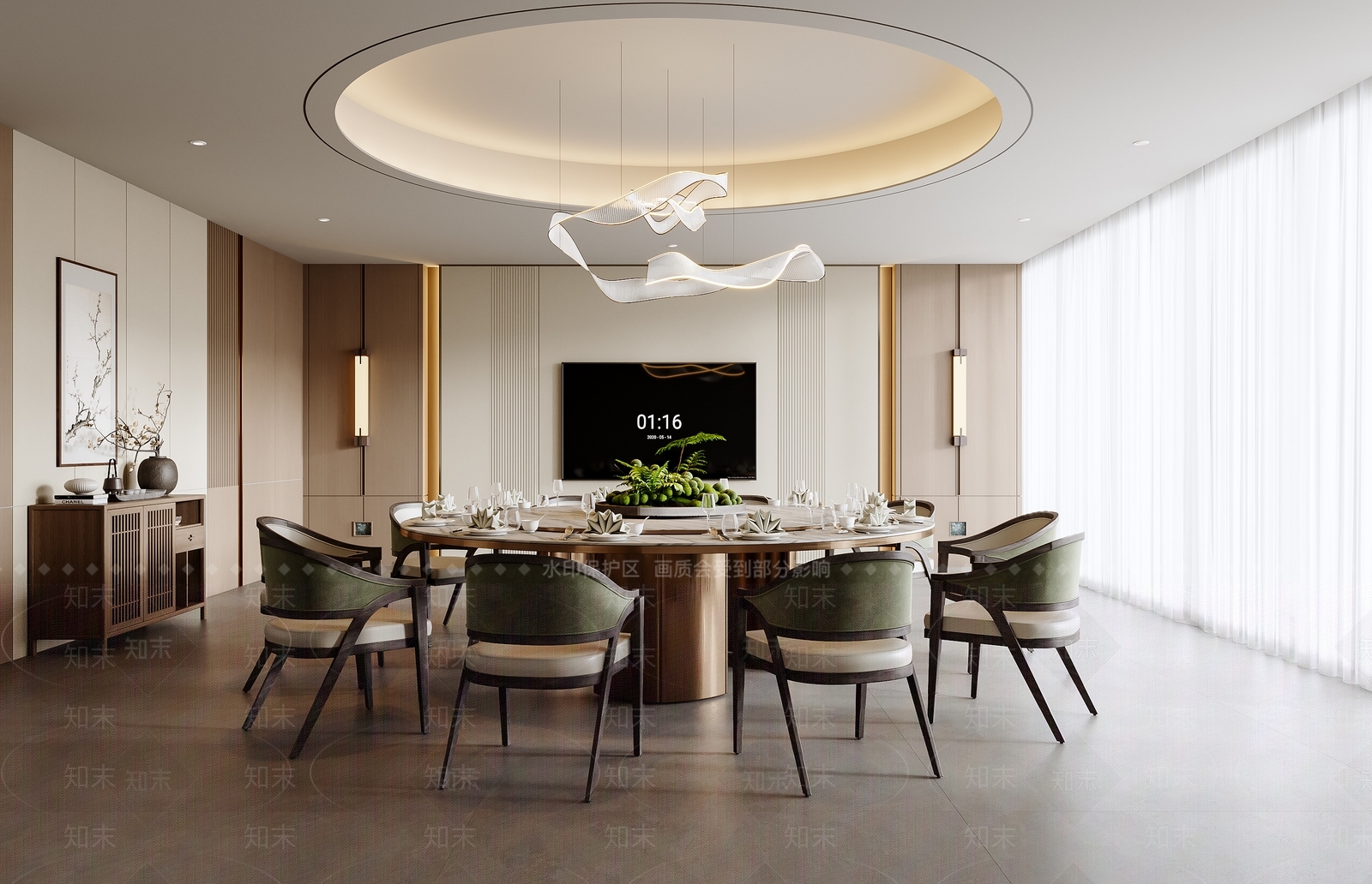现代圆桌餐厅3D模型渲染效果图