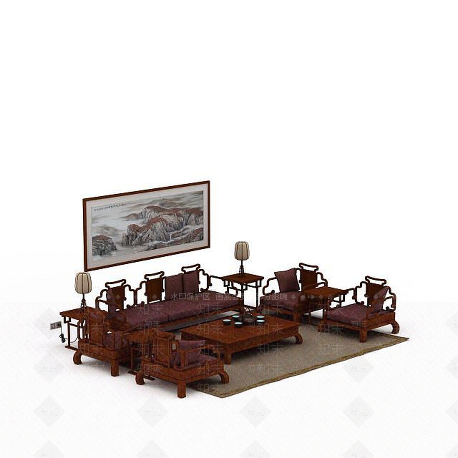 中式风格沙发组合3D模型下载【ID:1198073866】