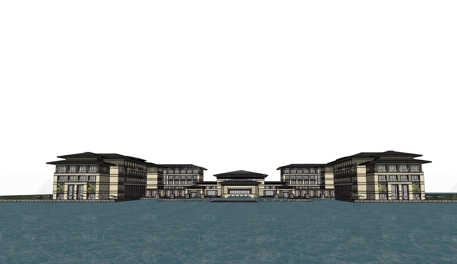 新中式酒店建筑SU模型下载【ID:1198078102】