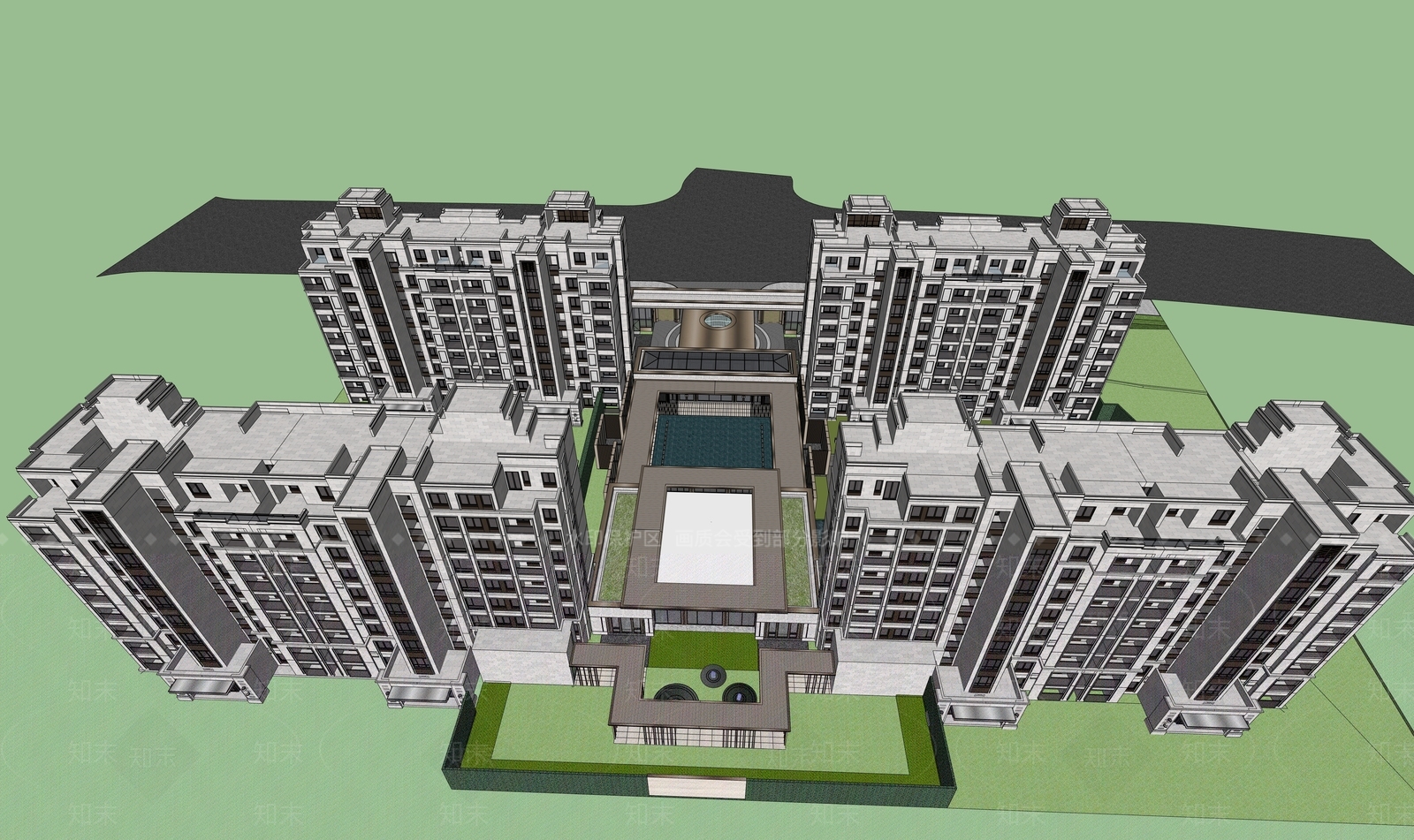 现代新中式小区建筑SU模型下载【ID:1198107216】
