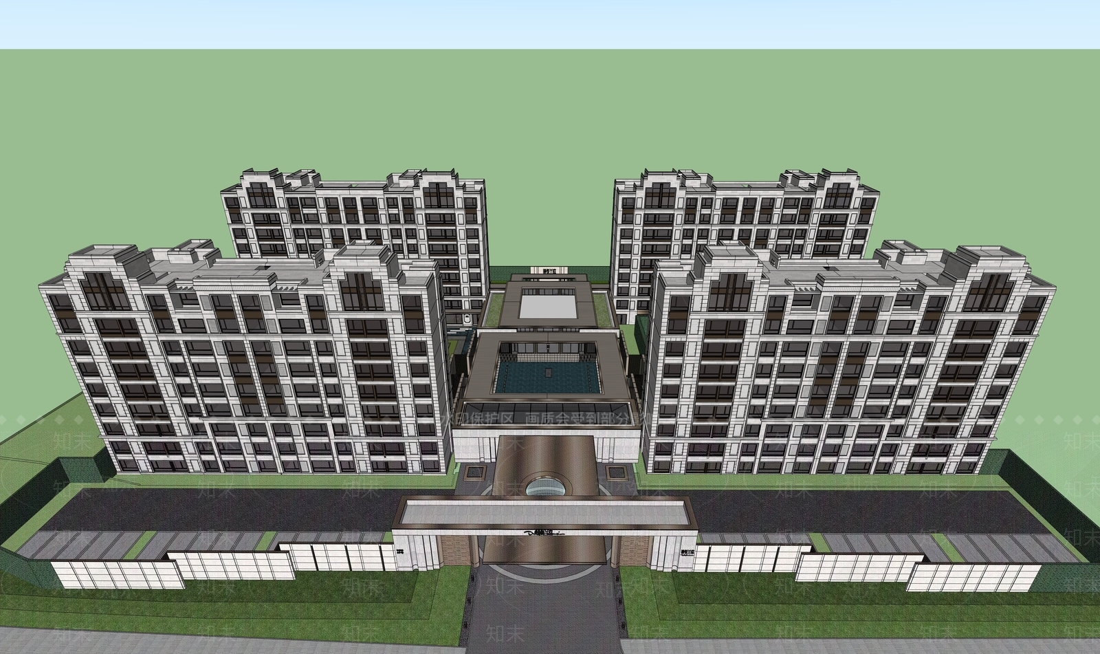 现代新中式小区建筑SU模型下载【ID:1198107216】