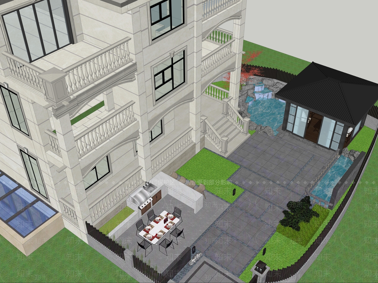 新中式现代别墅庭院SU模型下载【ID:1198118263】