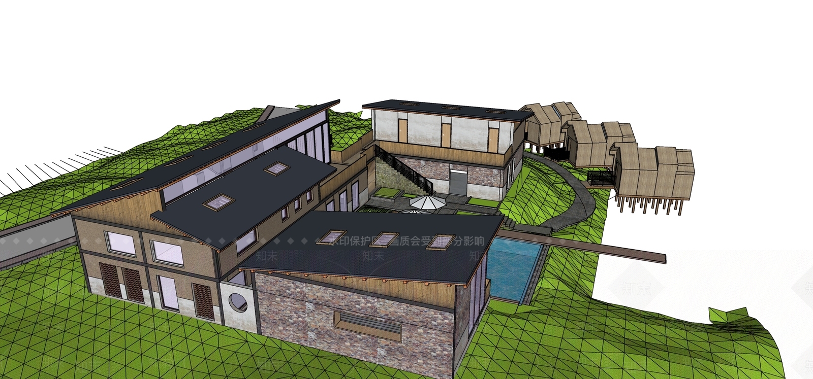 新中式中式民宿建筑SU模型下载【ID:1198153778】