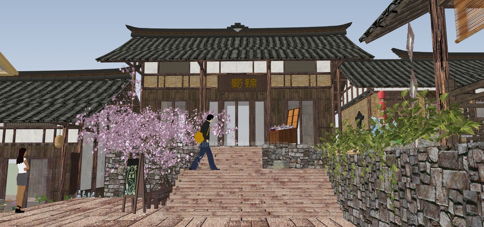 新中式中式民宿建筑SU模型下载【ID:1198154345】