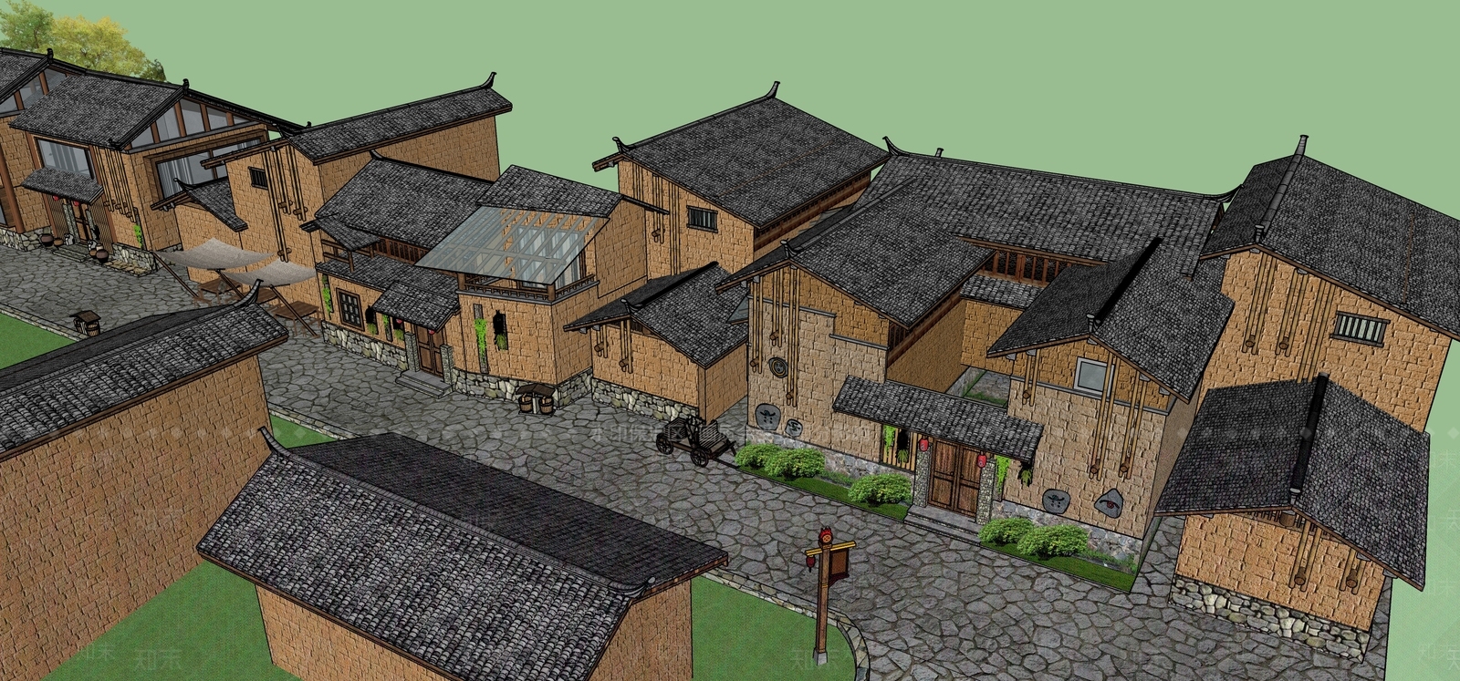 新中式中式民宿建筑SU模型下载【ID:1198155553】