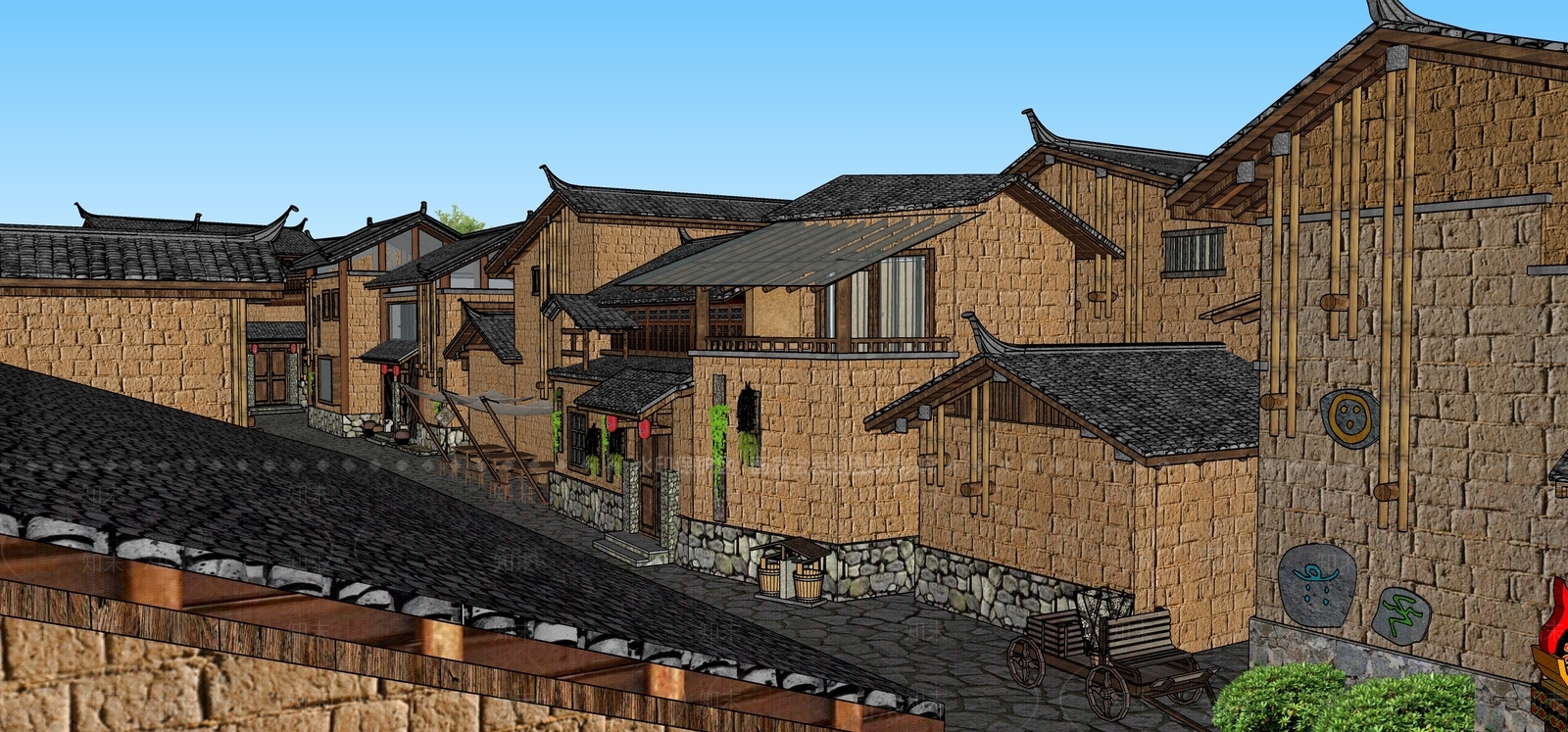 新中式中式民宿建筑SU模型下载【ID:1198155553】