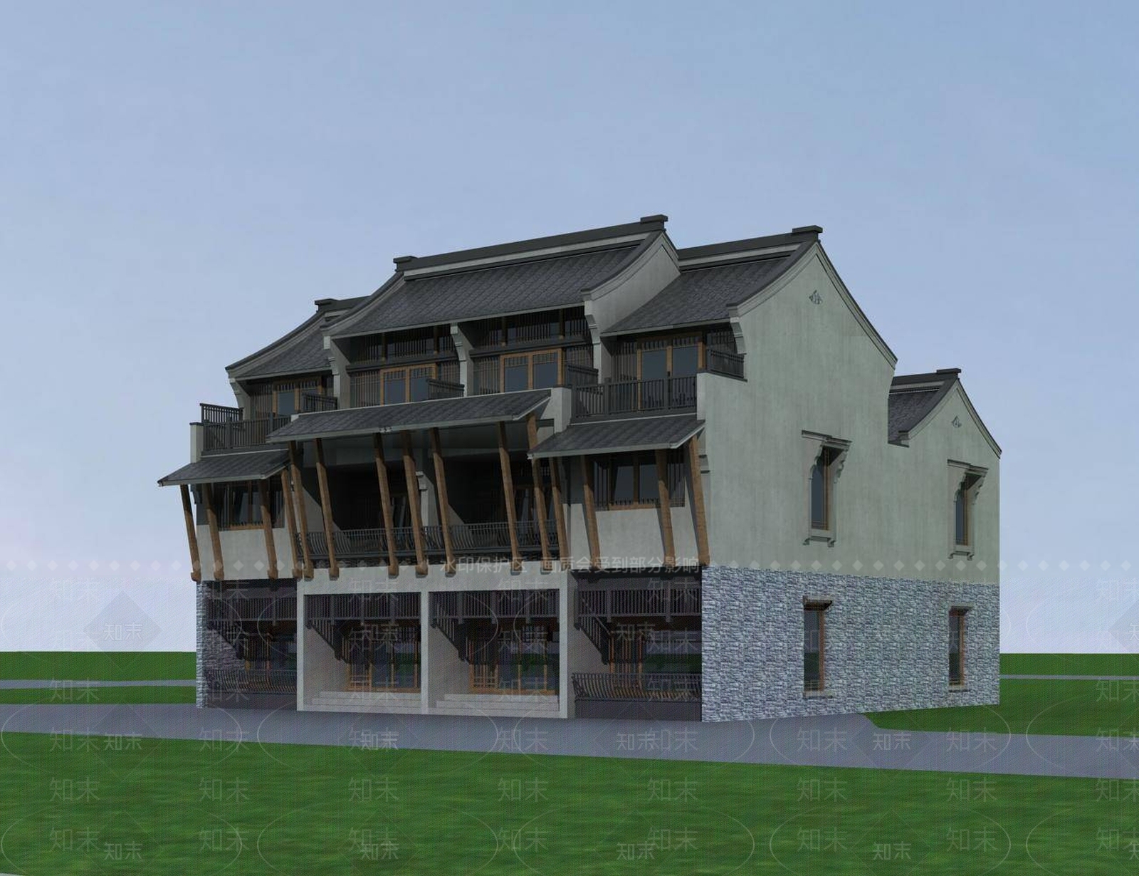 中式别墅外观3D模型下载【ID:1198163747】