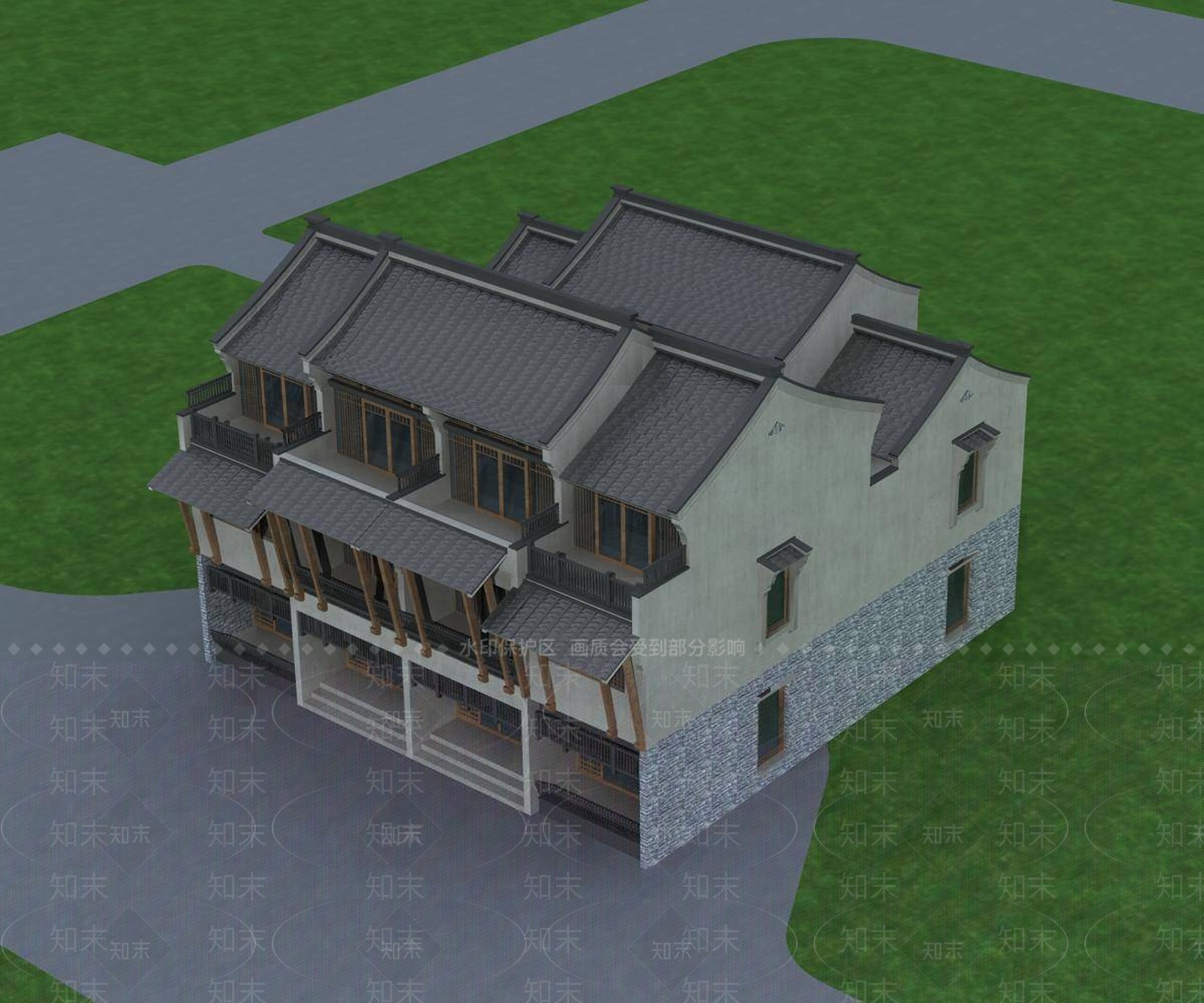 中式别墅外观3D模型下载【ID:1198163747】