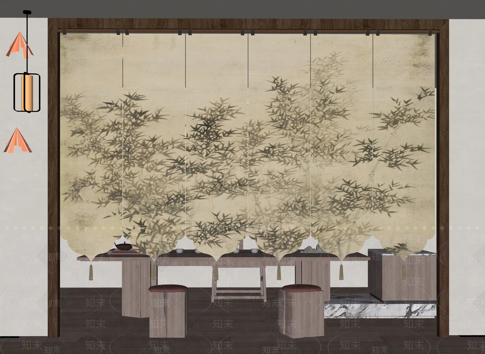 新中式原木隔断SU模型下载【ID:1198182933】
