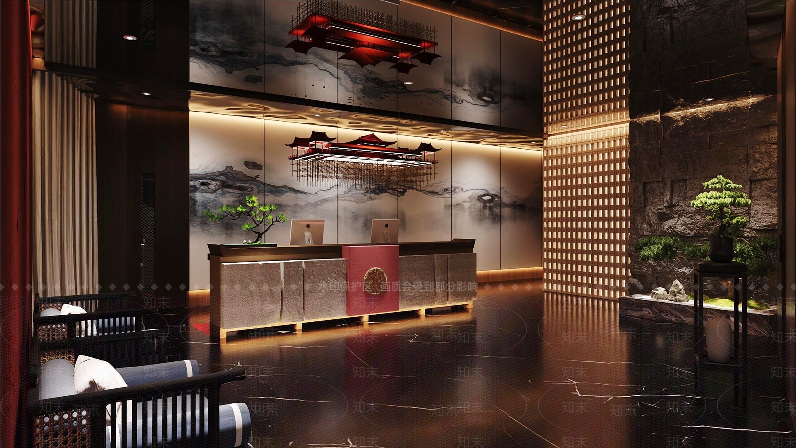 新中式酒店大堂3D模型精品下载_3dmax模型_知末网