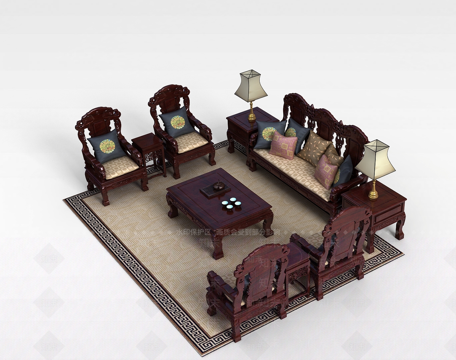 中式沙发组合3D模型下载【ID:1198359944】