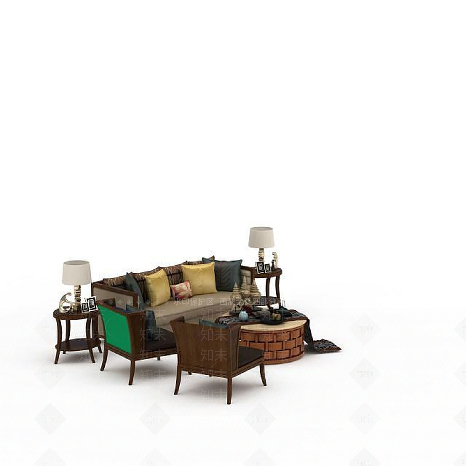 现代布艺沙发组合3D模型下载【ID:1198362317】