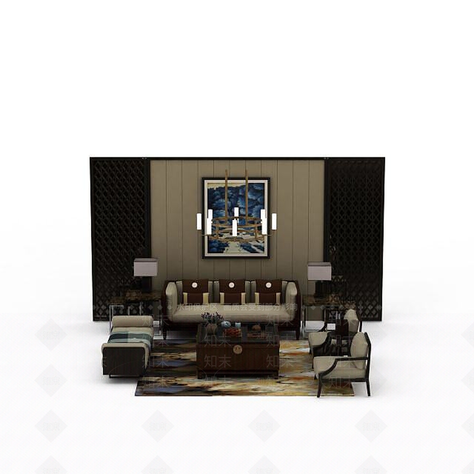 中式风格沙发茶几组合3D模型下载【ID:1198363453】