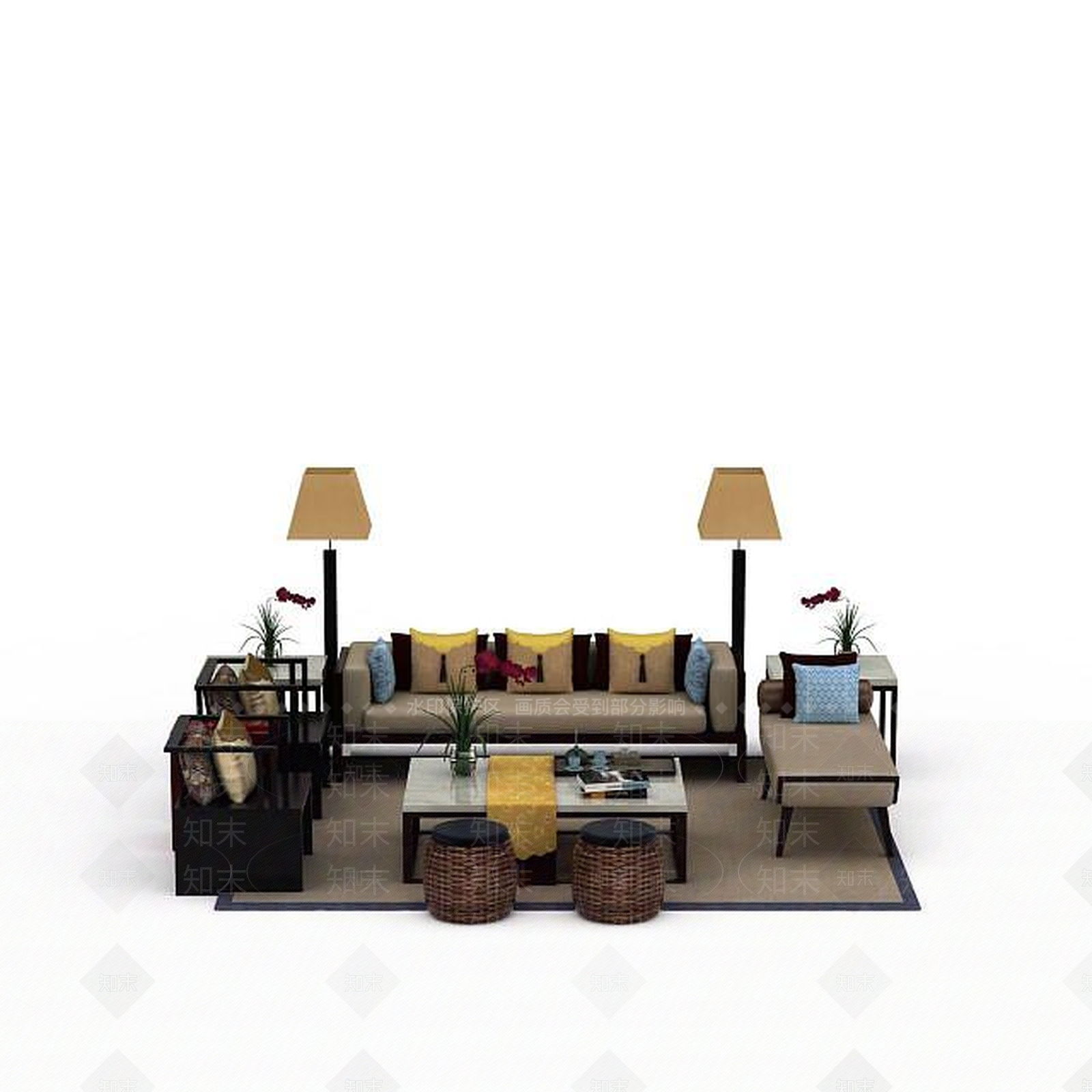 现代室内客厅休闲沙发茶几组合3D模型下载【ID:1198424678】