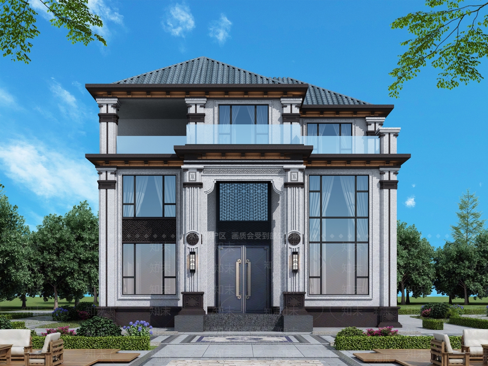 新中式中式别墅外观3D模型下载【ID:1198438048】