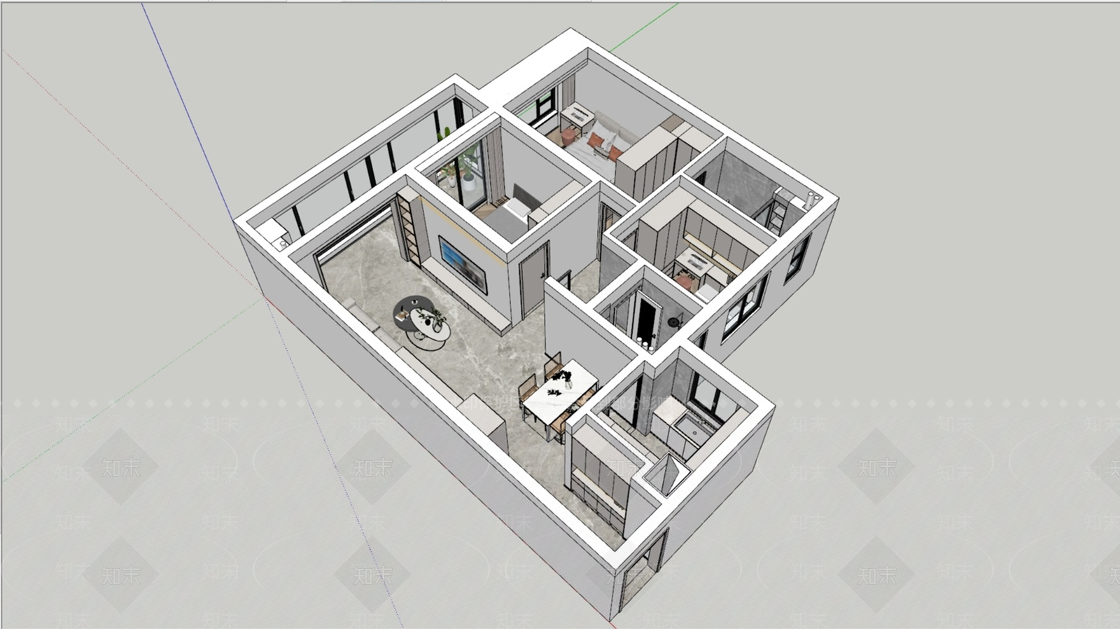 现代轻奢家装鸟瞰SU模型下载【ID:1198444392】