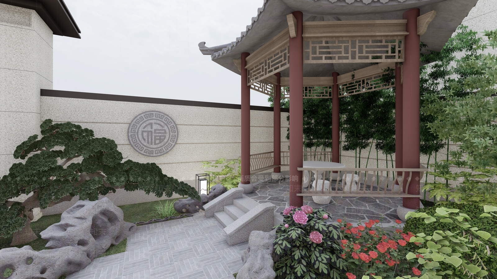 中式复古别墅庭院SU模型下载【ID:1198449804】
