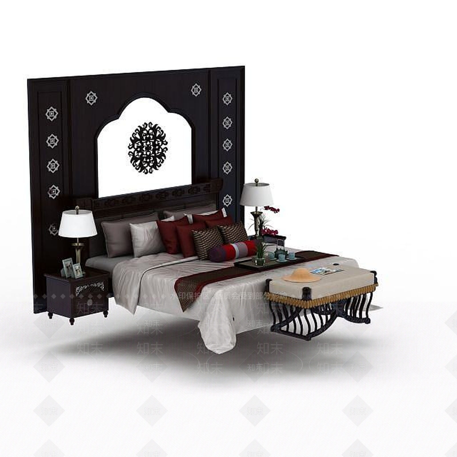 新中式双人床3D模型下载【ID:1198470689】