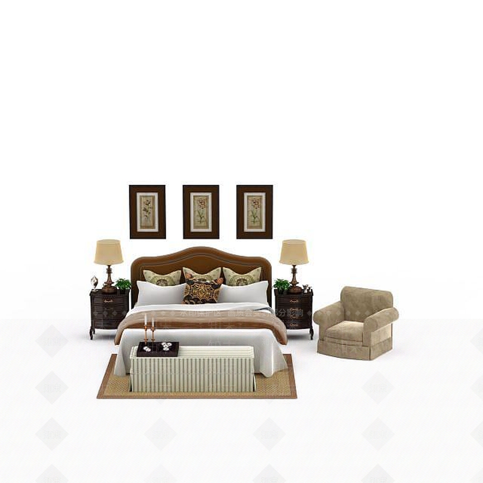 现代双人床3D模型下载【ID:1198497170】
