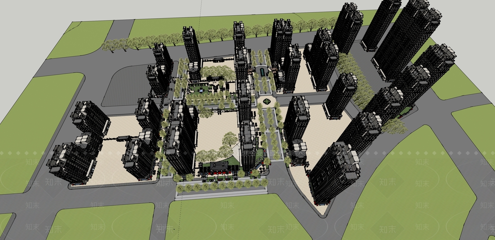 现代新中式小区建筑SU模型下载【ID:1198526504】
